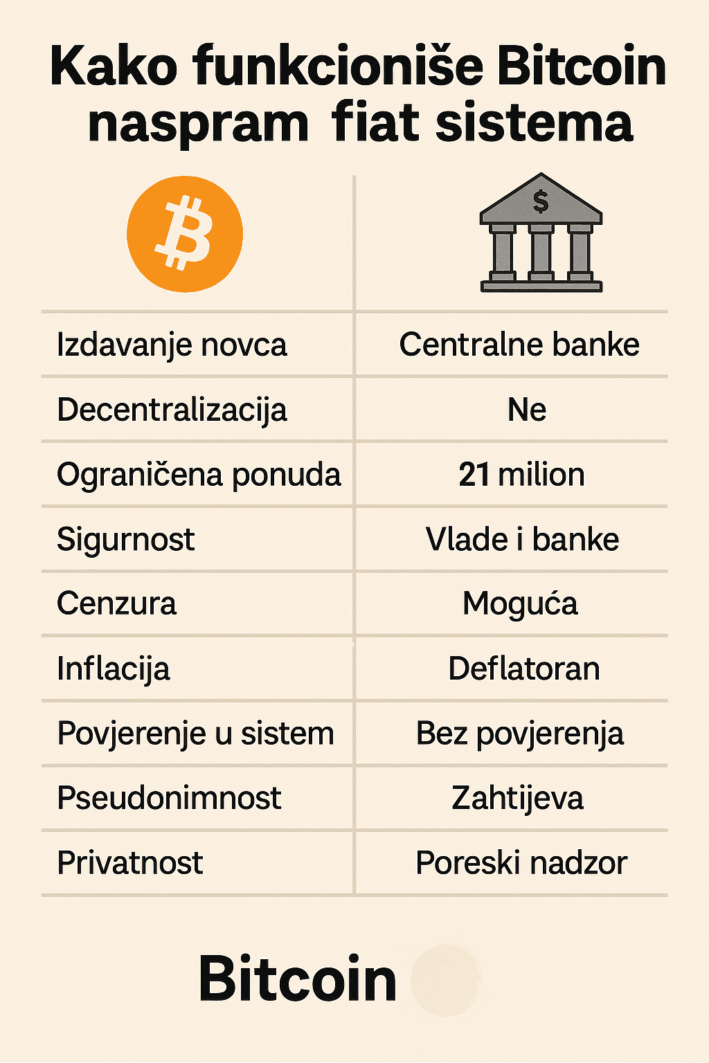 Infografika: Bitcoin vs fiat novac, usporedba decentralizacija, sigurnost, inflacija, anonimnost, privatnost.