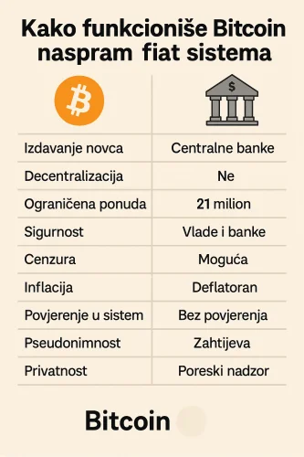 Infografika: Bitcoin vs fiat novac, usporedba decentralizacija, sigurnost, inflacija, anonimnost, privatnost.