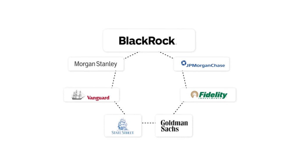 Dijagram koji prikazuje mrežu BlackRocka i glavnih svjetskih financijskih institucija i investicijskih tvrtki.Nepravda sistema