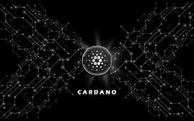 Cardano logo sa svjetlećom blockchain mrežom, kriptovaluta tehnologija, crna pozadina.