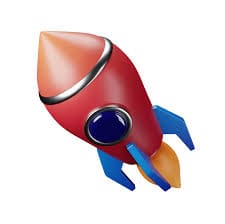 Crveni crtani raketni brod s plavim perajama i plamenom na bijeloj pozadini. kripto projekti