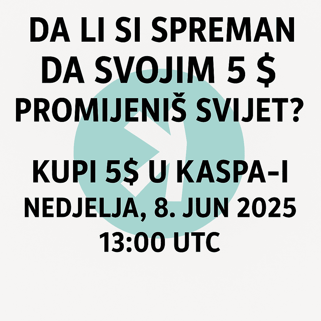 Promotivna slika poziva na kupnju Kaspa za 5 dolara 8.6.2025., bijela pozadina, logo.