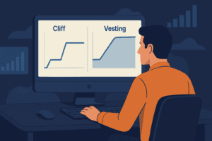 Investitor analizira cliff i vesting raspored tokena na više monitora, dok ga u pozadini okružuju simbolične prijetnje tržišnih manipulacija.