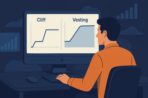 Investitor analizira cliff i vesting raspored tokena na više monitora, dok ga u pozadini okružuju simbolične prijetnje tržišnih manipulacija.