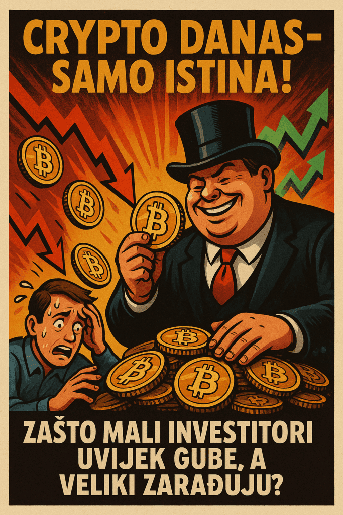 Plakat o kriptovalutama, prikazuje razliku između bogatih i siromašnih investitora, tržište, Bitcoin.Crypto danas – samo istina!