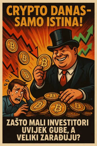 Plakat o kriptovalutama, prikazuje razliku između bogatih i siromašnih investitora, tržište, Bitcoin.Crypto danas – samo istina!