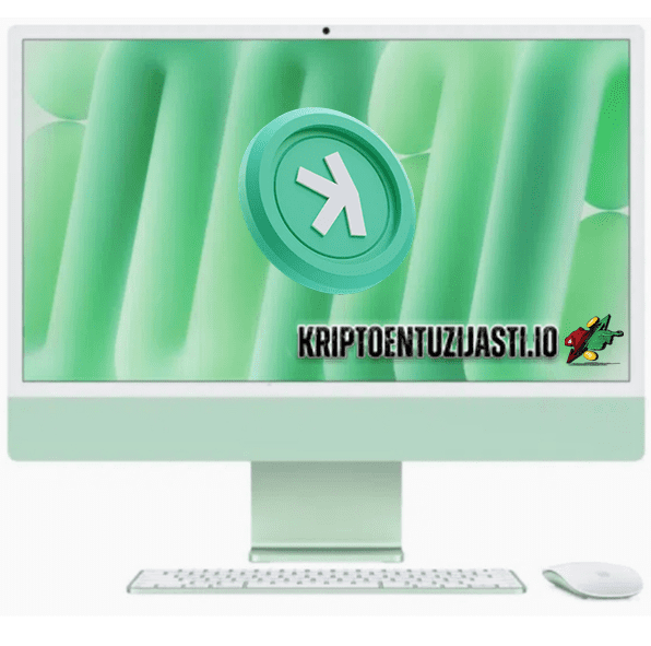 Kripto računalo setup s zelenim monitorom, tokenom i logom KriptoEntuzijasti.io na ekranu.Zašto samo 2% razumije KAS