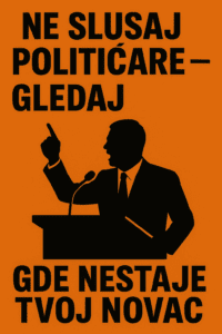 Antikorupcijski plakat s porukom o transparentnosti, političar za govornicom, narandžasta pozadina.