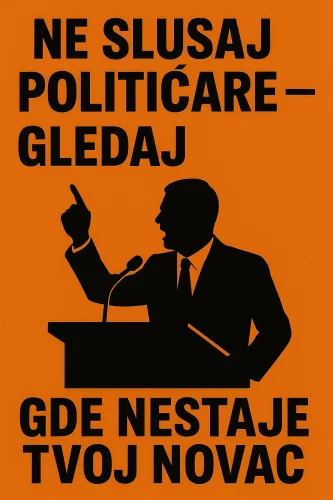 Antikorupcijski plakat s porukom o transparentnosti, političar za govornicom, narandžasta pozadina.Ne slušaj što političari pričaju