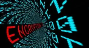 Tunel digitalnih brojeva s riječju ENCRYPTION, simbolizira cyber sigurnost i zaštitu podataka.