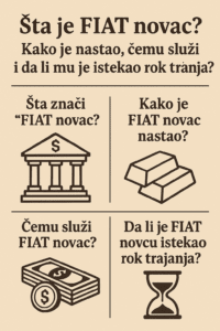 Infografika o fiat novcu na hrvatskom jeziku s pitanjima i ilustracijama, objašnjava pojmove.