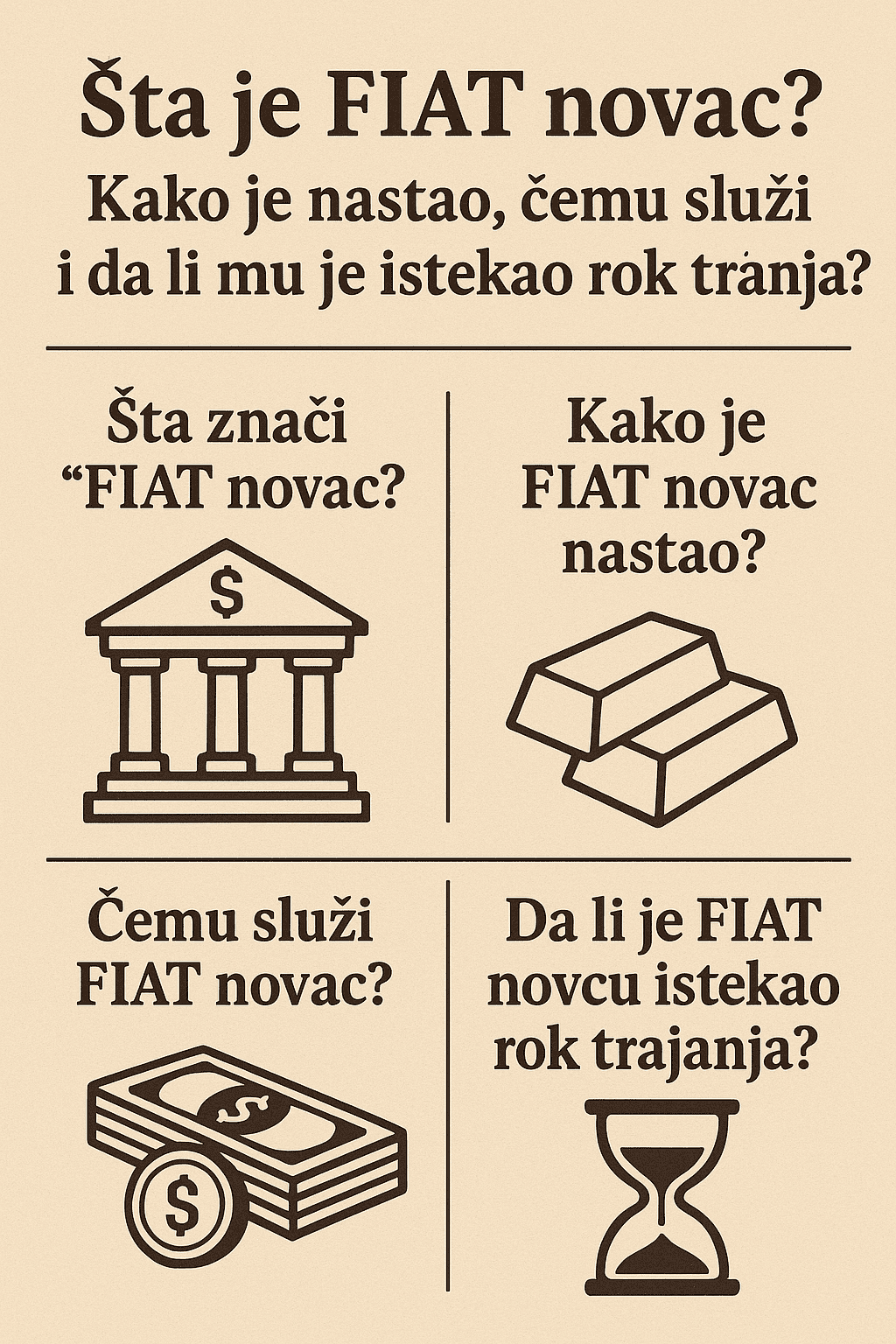 Infografika o fiat novcu na hrvatskom jeziku s pitanjima i ilustracijama, objašnjava pojmove.