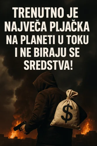 Pljačkaš s maskom, pištoljem i vrećom novca usred kaosa i eksplozija, globalna kriza.pljačka mediji