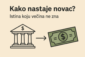 Kako nastaje novac: ilustracija stvaranja novca u bankama, novčanica i simbol dolara.