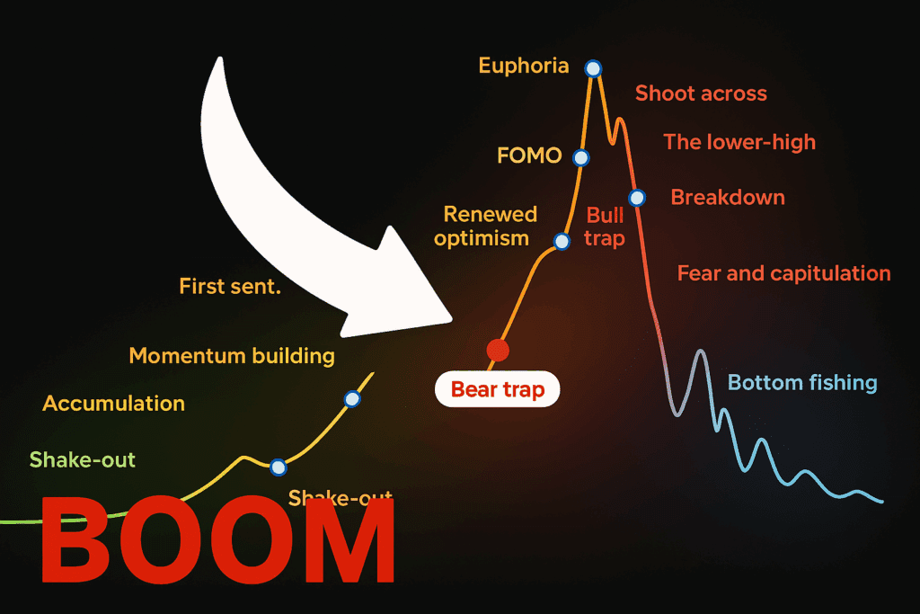 Psihologija tržišnog ciklusa: faze buma i krah burze prikazane grafički u bojama.Bear Trap nije kraj