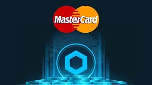 Mastercard i Chainlink partnerstvo, blockchain tehnologija, financijske inovacije, digitalni logo na tamnoj podlozi.