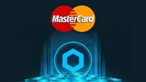 Mastercard i Chainlink partnerstvo, blockchain tehnologija, financijske inovacije, digitalni logo na tamnoj podlozi.Swapper Finance