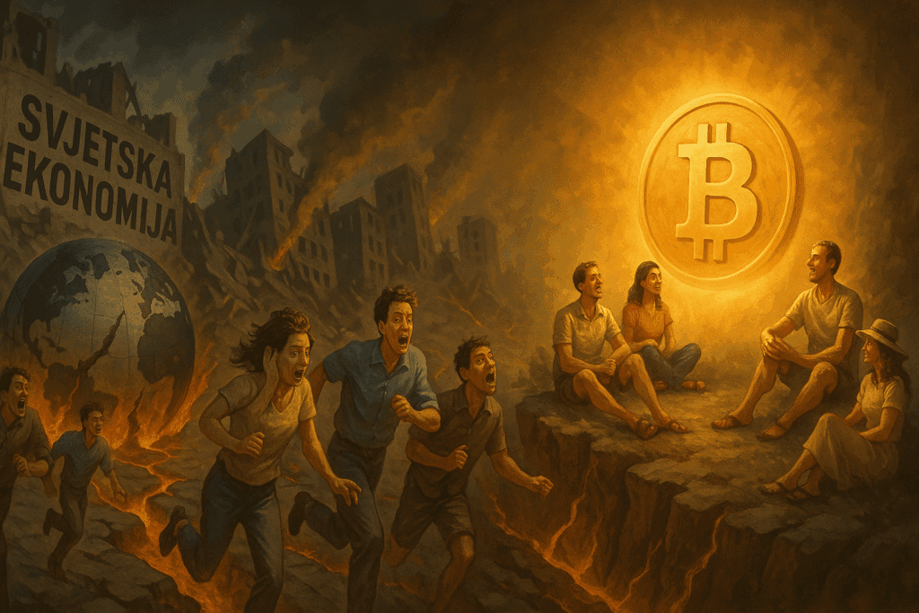 Urušena ekonomija s uplašenima lijevo, spokojni Bitcoin korisnici desno.Obveznice ogledalo monetarne politike