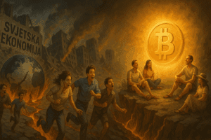 Urušena ekonomija s uplašenima lijevo, spokojni Bitcoin korisnici desno.