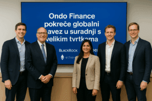 Ondo Finance globalni savez s BlackRock i Ethereum, poslovni sastanak, financijska tehnologija.