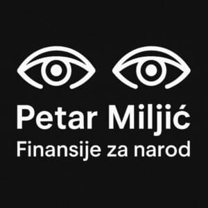 Logo Petar Miljić, dvije oči, tekst Finansije za narod, crno-bijeli dizajn, politika Hrvatska.