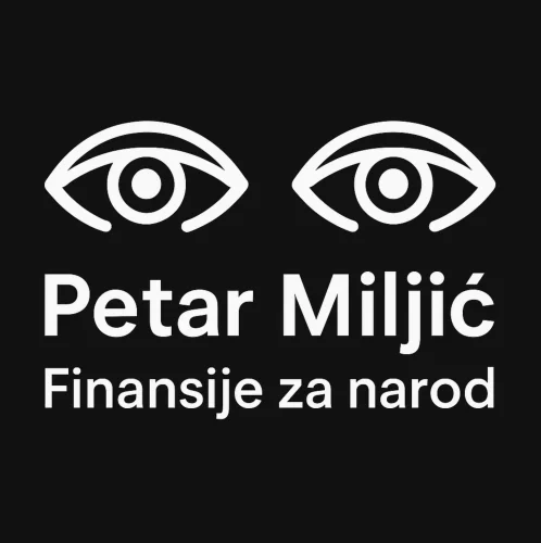 Logo Petar Miljić, dvije oči, tekst Finansije za narod, crno-bijeli dizajn, politika Hrvatska.Zato je edukacija važnija nego ikad