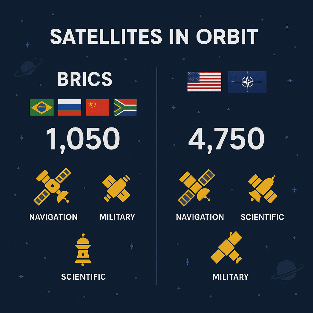 Usporedba satelita u orbiti: BRICS vs NATO i SAD, broj i vrste satelita.