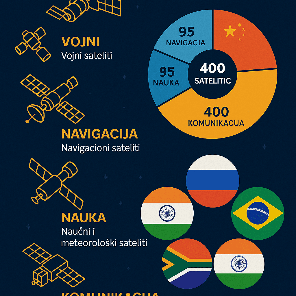 Infografika o vrstama satelita, svrsi i udjelima zemalja poput Kine, Rusije, Indije.