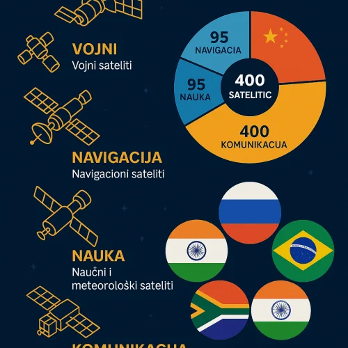 Infografika o vrstama satelita, svrsi i udjelima zemalja poput Kine, Rusije, Indije.