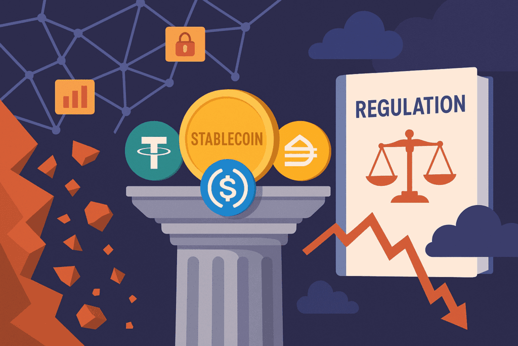 Ilustracija prikazuje stabilnost stablecoina u središtu DeFi sustava, dok s obje strane prijete geopolitički rizici i regulatorna ograničenja.stablecoini u kriptoekosustavu