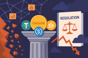 Ilustracija prikazuje stabilnost stablecoina u središtu DeFi sustava, dok s obje strane prijete geopolitički rizici i regulatorna ograničenja.
