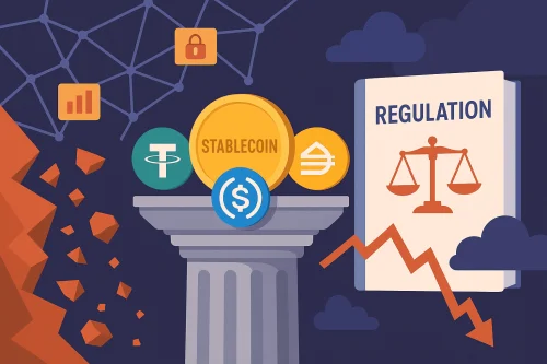 Ilustracija prikazuje stabilnost stablecoina u središtu DeFi sustava, dok s obje strane prijete geopolitički rizici i regulatorna ograničenja.stablecoini u kriptoekosustavu