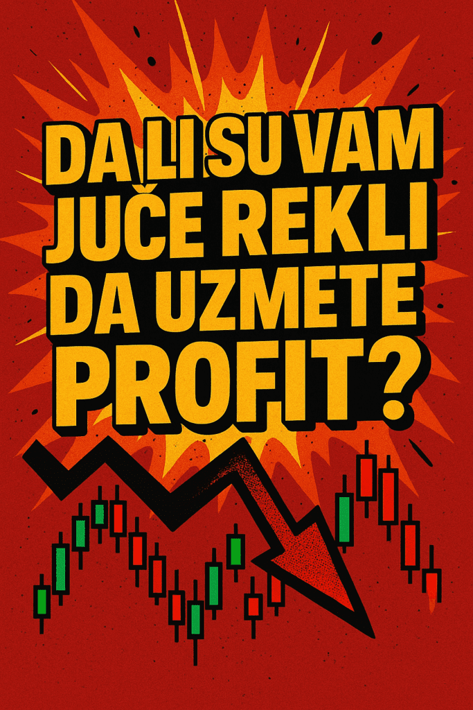 Snažna crvena pozadina, eksplozija, veliki natpis o profitu, i padajući candlestick grafikon. Uzmite profit