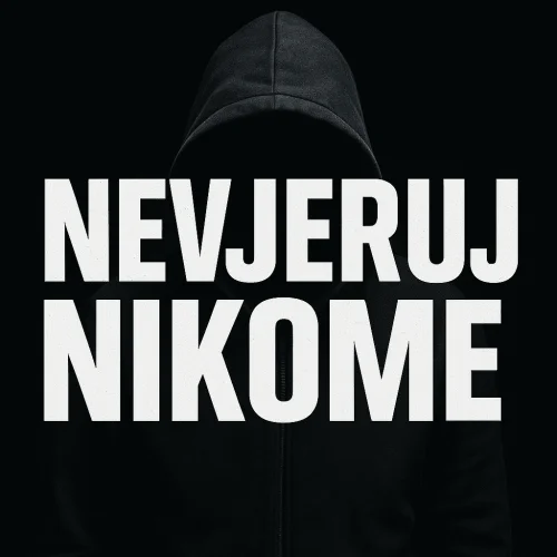Hooded figura u crnoj tami s natpisom Nevjeruj nikome na hrvatskom jeziku.Ne prati medije