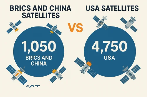 Usporedba broja satelita SAD i BRICS zemalja i Kine, infografika sa statistikom.
