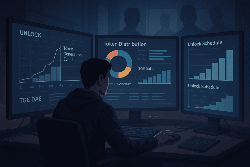 Analitičar proučava raspodjelu tokena i TGE unlock dijagrame dok ga iz pozadine promatraju siluete investitora