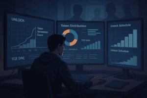 Analitičar proučava raspodjelu tokena i TGE unlock dijagrame dok ga iz pozadine promatraju siluete investitora