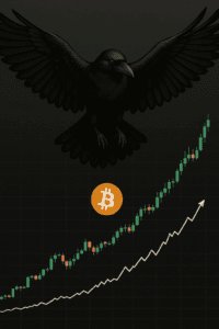 Crni gavran iznad Bitcoin loga i bikovskog grafikona, simbolizira volatilnost kripto tržišta.