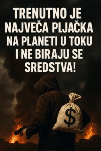 Pljačkaš s maskom, pištoljem i vrećom novca usred kaosa i eksplozija, globalna kriza.