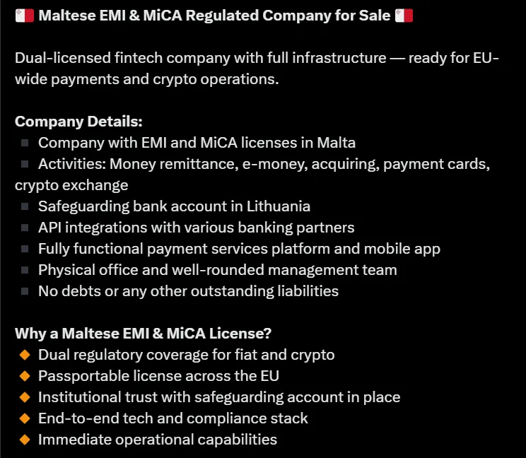 Prodaja malteške EMI i MiCA licencirane fintech tvrtke, plaćanja i kripto usluge za EU tržište.