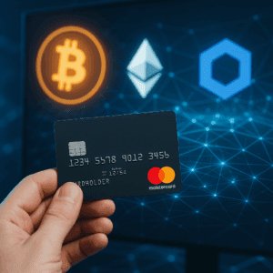 Mastercard kreditna kartica i kriptovalute Bitcoin, Ethereum, Chainlink, digitalna integracija plaćanja.