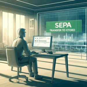 SEPA transfer prikaz u eToro uredu, online platne usluge i financijska tehnologija.