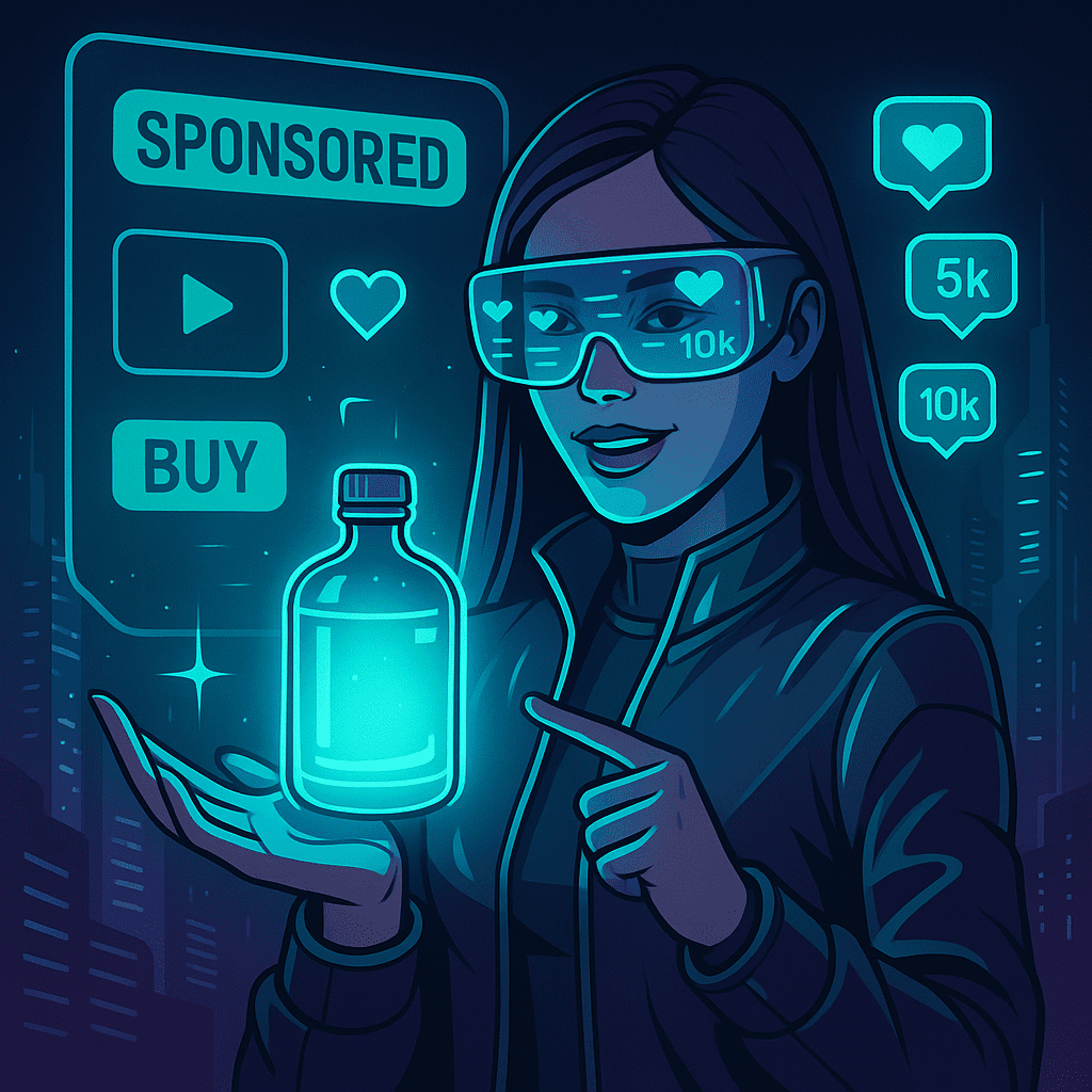 Futuristička žena s AR naočalama i hologramskim oglašavanjem proizvoda u neon stilu.