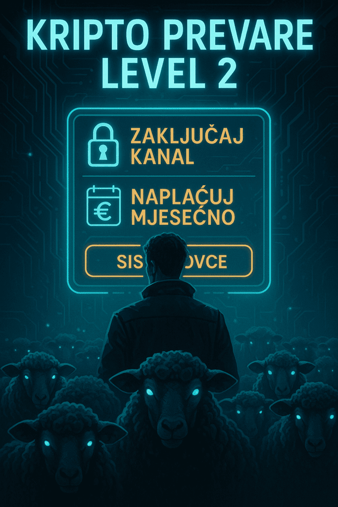 Digitalni poster o kripto prevarama: neon tekst, šišanje ,ovce