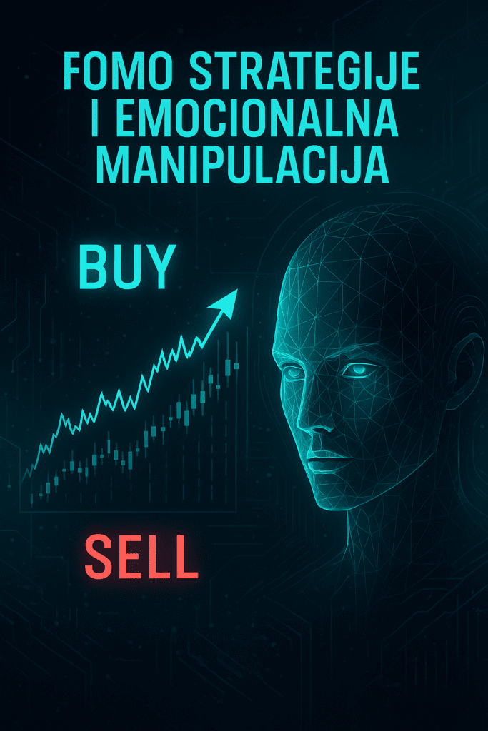 Digitalni graf trgovanja, lice: FOMO, emocije, kupnja/prodaja.emocionalna manipulacija