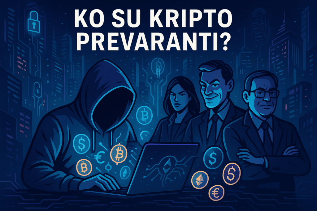 Ilustracija: Kripto prevaranti, Bitcoin, Ethereum i digitalne online prevare.digitalni kriminalci