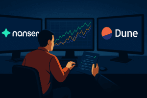 Investitor analizira napredne on-chain analitičke alate Nansen i Dune na monitorima u mračnoj sobi – napredni on-chain analitički alati