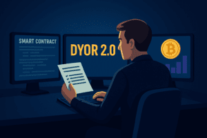 Ilustracija DYOR 2.0 prikazuje investitora kako koristi alate za čitanje pametnih ugovora i analizu kripto projekata.