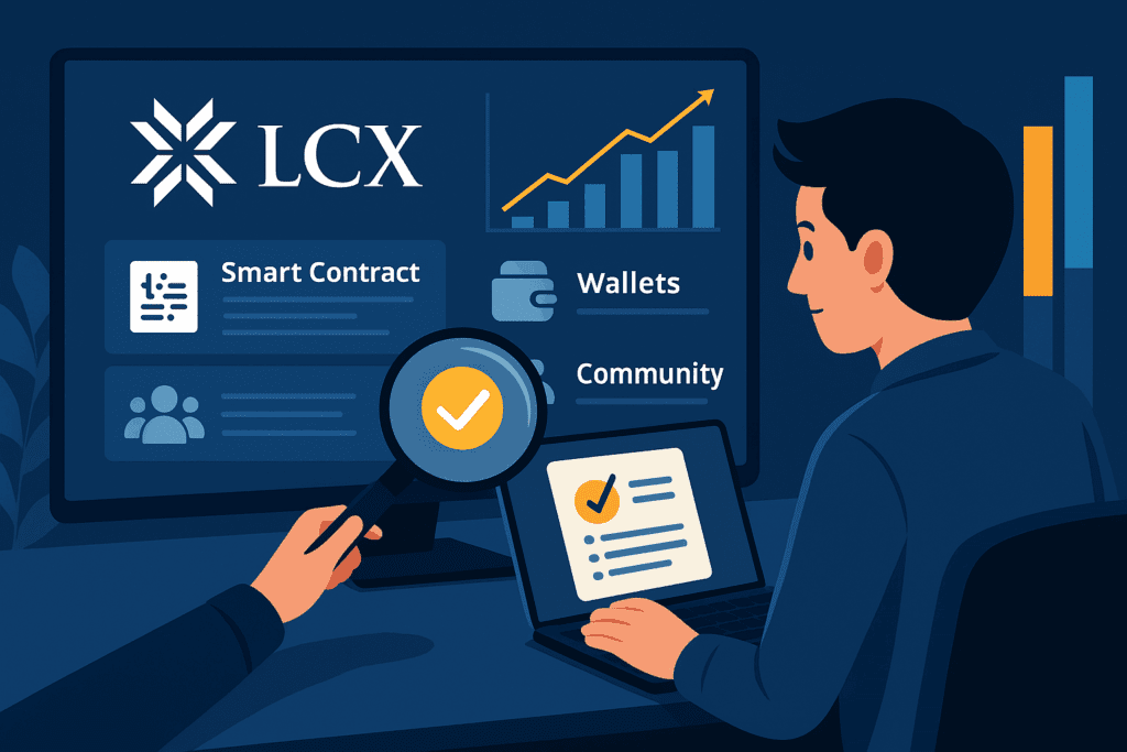 Ilustracija DYOR 2.0 prikazuje investitora kako analizira LCX projekt i koristi alate za provjeru pametnih ugovora, walleta i zajednice.