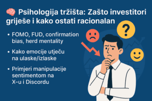 Infografika o psihologiji tržišta koja prikazuje emocionalne zamke investitora poput FOMO, FUD i herd mentality uz ilustraciju zabrinutog ulagača